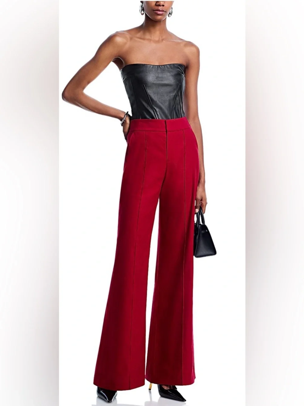 Alice + Olivia Dylan High Rise Wide Leg Pant in Dark Cherry - Picture 2 of 7